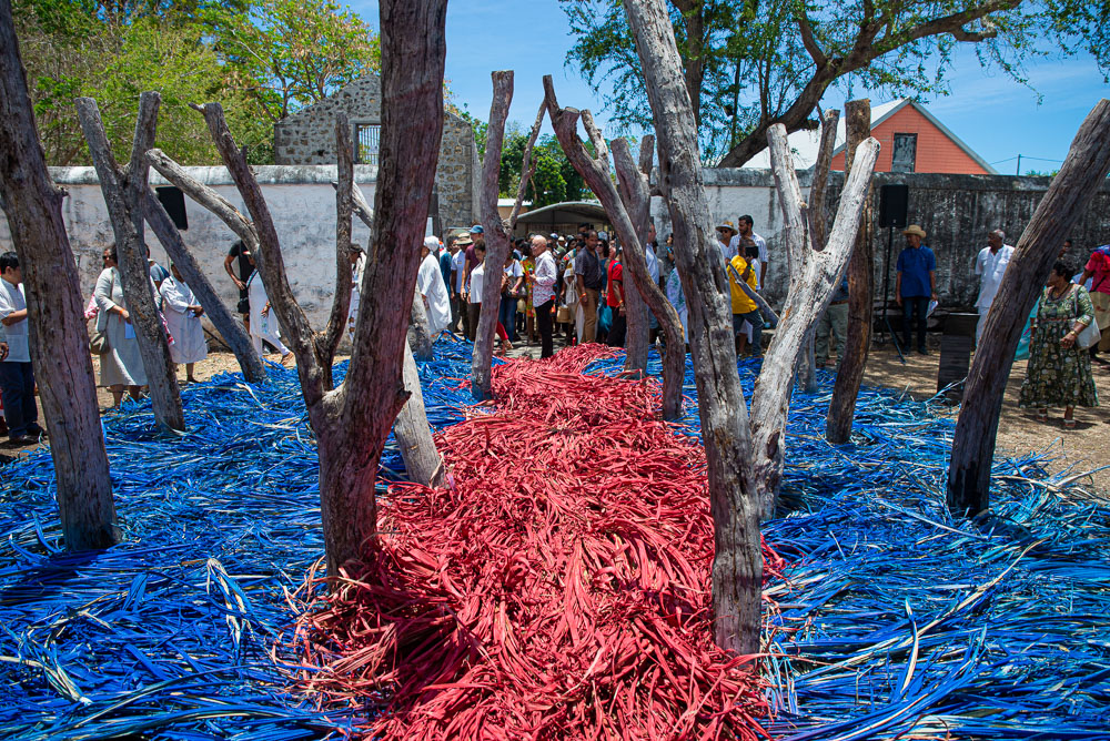 Installation artistique, chemins bleu et rouge.